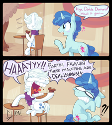 Size: 1363x1514 | Tagged: safe, artist:girgrunny, double diamond, party favor, earth pony, pony, g4, the cutie map, clothes, comic, faic, flanderization, gay, male, muffin, scarf, ship:partydiamond, shipping, stallion, startled