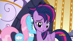 Size: 1280x720 | Tagged: safe, screencap, lotus blossom, twilight sparkle, alicorn, pony, castle sweet castle, g4, :o, alternate hairstyle, cute, discovery family logo, female, mane, mare, out of context, punklight sparkle, twilight sparkle (alicorn)