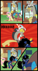 Size: 5300x9900 | Tagged: safe, artist:evilfrenzy, discord, fluttershy, oc, oc:femzy, oc:frenzy, draconequus, pegasus, pony, unicorn, comic:discord assistants, g4, absurd resolution, butt, comic, female, glasses, male, mare, plot, rule 63