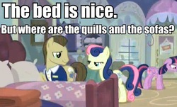 Size: 912x552 | Tagged: safe, edit, edited screencap, screencap, bon bon, davenport, sweetie drops, twilight sparkle, alicorn, earth pony, pony, castle sweet castle, g4, bed, bon bon is not amused, female, lowres, male, mare, needs more jpeg, quills and sofas, stallion, twilight sparkle (alicorn)