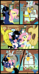 Size: 5300x9900 | Tagged: safe, artist:evilfrenzy, discord, fluttershy, oc, oc:femzy, oc:frenzy, draconequus, pegasus, pony, unicorn, comic:discord assistants, g4, absurd resolution, adult foal, bib, booties, comic, comic sans, diaper, diaper fetish, female, male, mare, non-baby in diaper, nurse, pacifier, poofy diaper