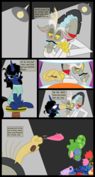 Size: 5300x9900 | Tagged: safe, artist:evilfrenzy, discord, princess luna, oc, oc:femzy, oc:frenzy, draconequus, pony, unicorn, comic:discord assistants, g4, absurd resolution, clothes, comic, fruna, implied vore, male, panties, pointy ponies, rule 63, sitting, underwear