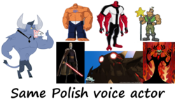 Size: 2100x1250 | Tagged: safe, iron will, alien, demon, fairy, human, minotaur, g4, aku, ben 10, ben grimm, count dooku, exploitable meme, fantastic four, fantastic four: world's greatest heroes, fourarms, jorgen von strangle, male, meme, poland, polish, rubilax, same voice actor, samurai jack, star wars, the fairly oddparents, the thing (marvel), wakfu, wakfu: the animated series, zbigniew konopka