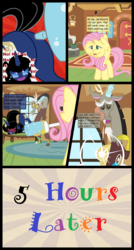 Size: 5300x9900 | Tagged: safe, artist:evilfrenzy, discord, fluttershy, oc, oc:femzy, oc:frenzy, draconequus, pegasus, pony, unicorn, comic:discord assistants, g4, absurd resolution, blushing, butt, comic, face down ass up, female, implied anal insertion, implied insertion, male, mare, plot, rule 63