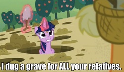 Size: 931x543 | Tagged: safe, screencap, applejack, twilight sparkle, alicorn, pony, fanfic:sweet apple massacre, castle sweet castle, g4, caption, dark comedy, fanfic, fanfic art, female, grave, image macro, mare, meme, shovel, sweet apple acres, twilight sparkle (alicorn)