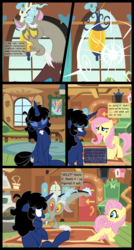 Size: 5300x9900 | Tagged: safe, artist:evilfrenzy, discord, fluttershy, oc, oc:femzy, oc:frenzy, draconequus, pegasus, pony, unicorn, comic:discord assistants, g4, absurd resolution, comic, female, male, mare, rule 63