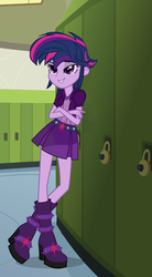 Size: 924x1679 | Tagged: safe, artist:bubblestormx, edit, twilight sparkle, castle sweet castle, equestria girls, g4, alternate hairstyle, alternate universe, canterlot high, clothes swap, crossed arms, hall monitor, lockers, punklight sparkle, smug, smuglight sparkle, solo, sup, that was fast