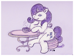 Size: 670x511 | Tagged: safe, artist:twinklestahh, rarity, g4, female, sitting, solo, table, tea