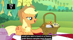 Size: 850x467 | Tagged: safe, screencap, applejack, g4, maud pie (episode), meme, muffin, the muppets, youtube caption