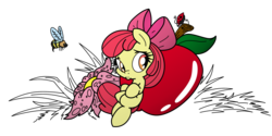 Size: 3000x1500 | Tagged: safe, artist:dfectivedvice, artist:pananovich, apple bloom, bee, ladybug, g4, adorabloom, apple, cute, female, simple background, solo, tiny, transparent background