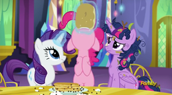 Size: 844x466 | Tagged: safe, screencap, pinkie pie, rarity, twilight sparkle, alicorn, pony, castle sweet castle, g4, chocolate chips, female, food, hind legs, mare, pancakes, rarity looking at food, twilight sparkle (alicorn)