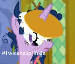 Size: 403x344 | Tagged: safe, edit, edited screencap, screencap, twilight sparkle, alicorn, pony, castle sweet castle, g4, cropped, female, food, hashtag, horn, horn impalement, i'm pancake, mare, messy mane, pancakes, twilight sparkle (alicorn)