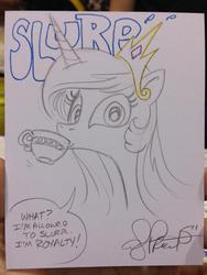 Size: 768x1024 | Tagged: safe, artist:andy price, princess celestia, g4, female, slurp, solo, tea, teacup, traditional art