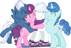 Size: 2945x2000 | Tagged: safe, artist:chainchomp2, double diamond, night glider, party favor, sugar belle, earth pony, pegasus, pony, unicorn, g4, the cutie map, .svg available, ^^, bipedal, clothes, cute, double dawwmond, equal four, eyes closed, favorbetes, female, fixed, glideabetes, group hug, happy, high res, hug, male, mare, scarf, simple background, skis, smiling, stallion, sugarbetes, transparent background, vector