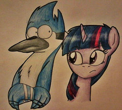 Size: 1023x919 | Tagged: safe, artist:xxsonnythecatxx, twilight sparkle, g4, male, mordecai, regular show, traditional art