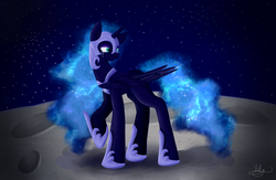 Size: 1024x668 | Tagged: safe, artist:violyre, nightmare moon, alicorn, pony, g4, crying, female, moon, on the moon, raised hoof, solo