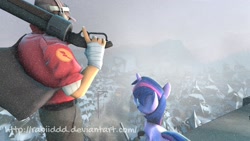 Size: 1191x670 | Tagged: safe, twilight sparkle, g4, 3d, crossover, parody, scout (tf2), snow, snowfall, source filmmaker, team fortress 2
