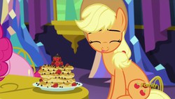 Size: 1920x1080 | Tagged: safe, screencap, applejack, pinkie pie, earth pony, pony, castle sweet castle, g4, cute, eyes closed, food, herbivore, jackabetes, pancakes, plate, sitting, smiling, strawberry, tongue out