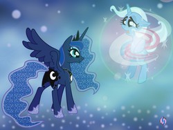 Size: 1280x960 | Tagged: safe, artist:princesshighmist, princess luna, trixie, pony, unicorn, g4, ascension, female, magic, mare