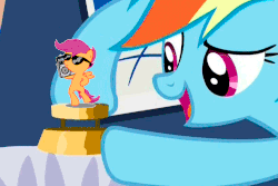 Size: 842x561 | Tagged: safe, edit, edited screencap, screencap, rainbow dash, scootaloo, castle sweet castle, g4, animated, boombox, female, gangnam style, open mouth, smiling, sunglasses, swag