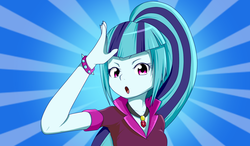Size: 1211x706 | Tagged: safe, artist:iku, sonata dusk, equestria girls, g4, my little pony equestria girls: rainbow rocks, :o, blue background, clothes, female, gem, looking at you, open mouth, pixiv, simple background, siren gem, solo, spiked wristband, wristband
