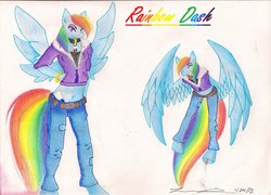 Size: 900x649 | Tagged: safe, artist:athrun2371, rainbow dash, anthro, g4, clothes, collar, female, hoodie, jeans, solo