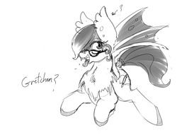 Size: 1280x977 | Tagged: safe, artist:buttwings, oc, oc only, oc:gretchen, bat pony, pony, bat pony oc, cute, female, fluffy, glasses, grayscale, monochrome, sketch, solo