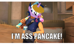 Size: 2000x1223 | Tagged: safe, twilight sparkle, castle sweet castle, g4, my little pony: friendship is magic, ass pancakes, horn, horn impalement, i'm pancake, image macro, meme, pancakes, scout (tf2), team fortress 2