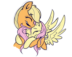 Size: 600x470 | Tagged: safe, artist:evehly, applejack, fluttershy, earth pony, pegasus, pony, g4, duo, eyes closed, female, hatless, lesbian, missing accessory, ship:appleshy, shipping, simple background, white background