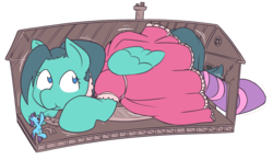 Size: 1026x599 | Tagged: safe, artist:chibibiscuit, oc, oc only, oc:cumulonimbus, pony, :t, alice in wonderland, clothes, dress, giant pony, growth, macro, parody, puffy sleeves, socks, striped socks, tea party