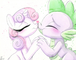 Size: 974x776 | Tagged: safe, artist:prettypinkpony, spike, sweetie belle, pony, unicorn, g4, colored, duo, female, long eyelashes, male, ship:spikebelle, shipping, straight, traditional art
