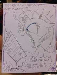 Size: 600x799 | Tagged: safe, artist:andy price, rarity, pony, unicorn, g4, angry, dialogue, female, mare, newspaper, open mouth, rarity being rarity, solo, speech bubble, traditional art
