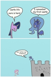 Size: 490x735 | Tagged: safe, artist:wollap, princess celestia, princess luna, twilight sparkle, g4, 2 panel comic, comic, monty python, monty python and the holy grail, princess celery, speech bubble