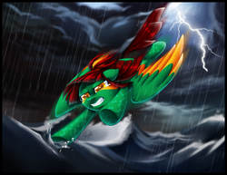 Size: 3060x2358 | Tagged: safe, artist:centchi, oc, oc only, oc:slipstream, flying, high res, lightning, rain, solo, water