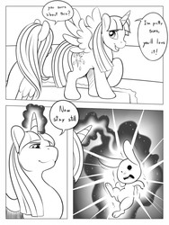 Size: 750x1000 | Tagged: safe, artist:freckles, angel bunny, fluttershy, twilight sparkle, alicorn, pony, comic:fluffing up, g4, comic, female, magic, mare, monochrome, transformation, twilight sparkle (alicorn)