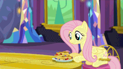 Size: 896x504 | Tagged: safe, screencap, fluttershy, pegasus, pony, castle sweet castle, g4, season 5, animated, eyes closed, eyes on the prize, female, floppy ears, food, frown, hitting, mare, measuring spoon, open mouth, pancakes, sitting, smiling, solo, spoon, surprised, table, throwing, throwing things at fluttershy, wide eyes