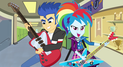 Size: 1600x876 | Tagged: safe, artist:themexicanpunisher, flash sentry, rainbow dash, equestria girls, friendship through the ages, g4, my little pony equestria girls: rainbow rocks, flashdash, rainbow punk, shipping