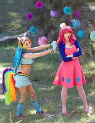 Size: 742x960 | Tagged: safe, artist:babygirlfallenangel, pinkie pie, rainbow dash, human, g4, black underwear, bra strap, clothes, cosplay, dress, irl, irl human, midriff, photo, skirt, underwear