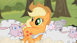 Size: 1366x768 | Tagged: safe, screencap, applejack, sheep, g4, sisterhooves social