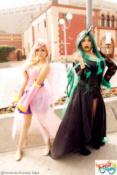Size: 800x1200 | Tagged: safe, artist:dashcosplay, princess cadance, queen chrysalis, human, g4, cleavage, clothes, cosplay, dress, female, irl, irl human, photo