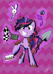 Size: 1586x2176 | Tagged: safe, artist:therandomjoyrider, angel bunny, twilight sparkle, alicorn, pony, castle sweet castle, g4, chalkboard, checkered flag, female, flag, food, gem, mare, messy mane, mud, pancakes, procrastination, shovel, twilight sparkle (alicorn), whipped cream