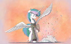 Size: 2000x1229 | Tagged: safe, artist:ncmares, princess celestia, castle sweet castle, g4, arizona state university, clothes, female, hidden confetti cannon, messy mane, missing accessory, pillow, solo