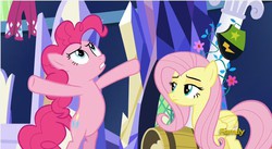 Size: 856x469 | Tagged: safe, screencap, fluttershy, pinkie pie, castle sweet castle, g4, unamused