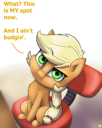 Size: 2400x3000 | Tagged: dead source, safe, artist:captainpudgemuffin, applejack, earth pony, pony, g4, applecat, behaving like a cat, chair, cute, female, fluffy, frown, glare, high res, jackabetes, looking at you, mare, office chair, raised eyebrow, solo