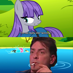 Size: 1280x1280 | Tagged: safe, edit, edited screencap, screencap, maud pie, pinkie pie, earth pony, human, pony, g4, charlie sheen, cigarette, comic, female, image macro, male, mare, meme, smoking, winning