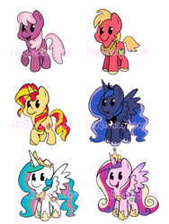 Size: 540x718 | Tagged: safe, artist:gopherfrog, big macintosh, cheerilee, princess cadance, princess celestia, princess luna, sunset shimmer, alicorn, earth pony, pony, unicorn, g4, cheeribetes, cute, cutedance, cutelestia, female, freckles, happy, hoof shoes, jewelry, lunabetes, macabetes, male, mare, open mouth, peytral, raised hoof, regalia, shimmerbetes, smiling, spread wings, stallion, wings