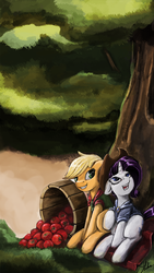 Size: 563x1000 | Tagged: safe, artist:xenstroke, applejack, rarity, g4, accessory swap, apple, female, lesbian, ship:rarijack, shipping