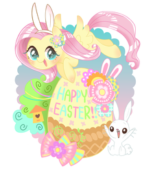 Size: 880x986 | Tagged: safe, artist:puchiko, angel bunny, fluttershy, g4, bunny ears, cute, easter, easter egg, female, pixiv, shyabetes, solo