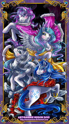 Size: 600x1081 | Tagged: safe, artist:anniemsson, majesty, princess celestia, princess silver swirl, royalette, alicorn, earth pony, pony, unicorn, g1, g2, g3, g4, 2015, blushing, cape, cloak, clothes, colored horn, eyeshadow, female, horn, horseshoes, looking at you, looking back, looking back at you, looking up, makeup, mare, obtrusive watermark, rearing, spread wings, square crossover, underhoof, watermark, wings