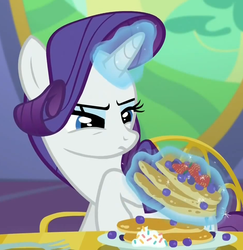 Size: 933x959 | Tagged: safe, screencap, rarity, castle sweet castle, g4, female, food, pancakes, rarity looking at food, reaction image, solo, squint, suspicious